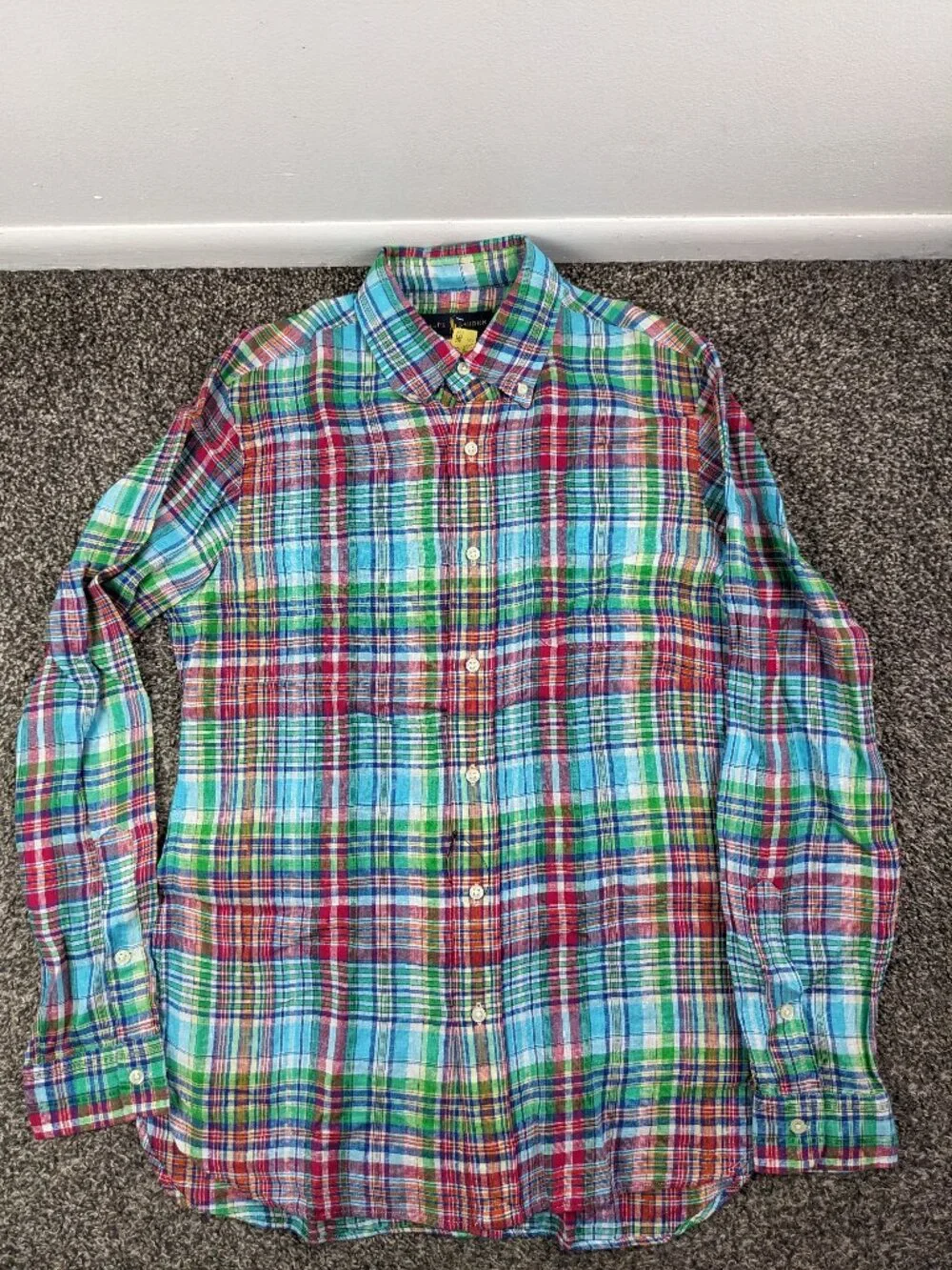 Polo Ralph Lauren Shirt Linen Indian Madras Plaid L/S Button Down Mens Small